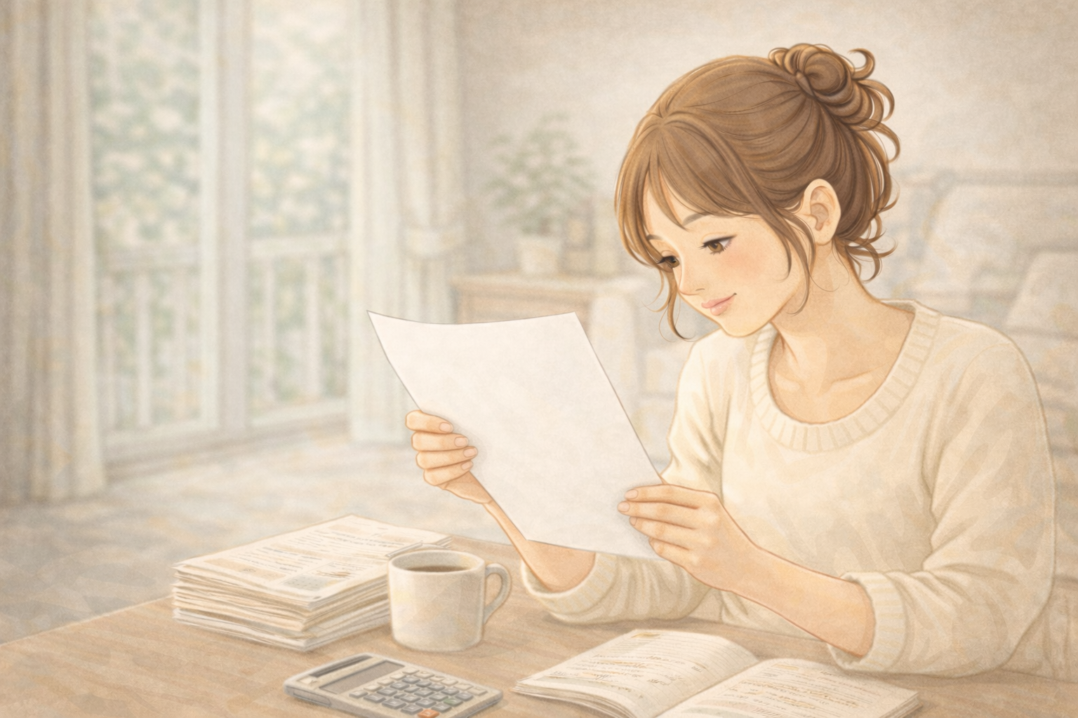 リフォームの契約書を見ながら、家計管理するママの画像