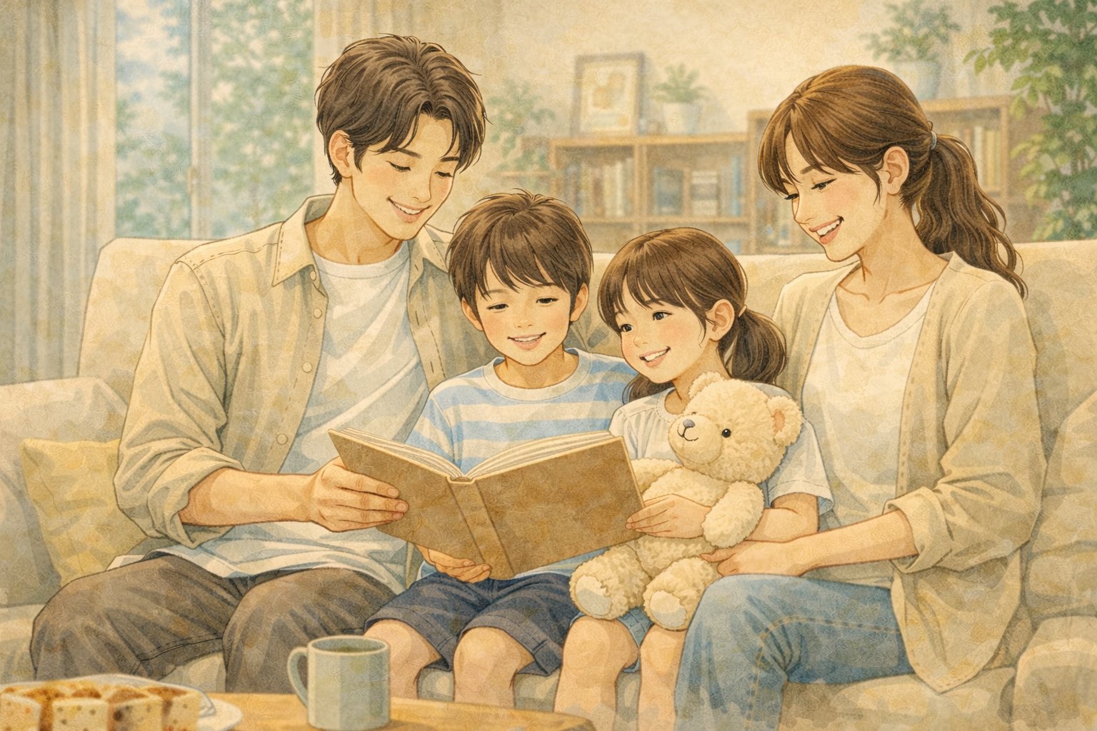 自宅にリフォームの希望をカタログを見ながら、話し合っている親子。夫婦、娘と息子。