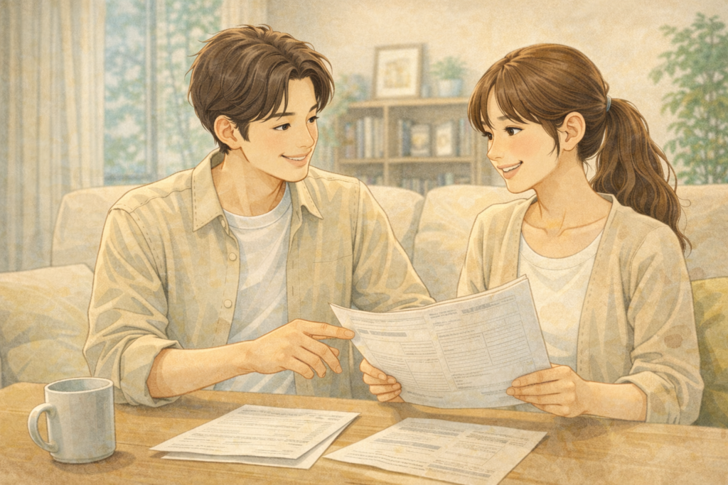 自宅にリフォームについて、前向きに検討して話し合う夫婦。