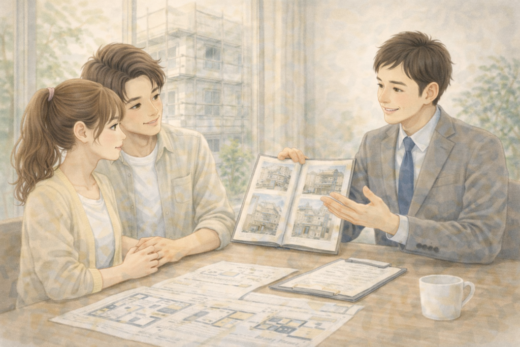 自宅の外壁塗装・屋上防水工事について、営業担当から詳しい説明と受け、打ち合わせしている夫婦