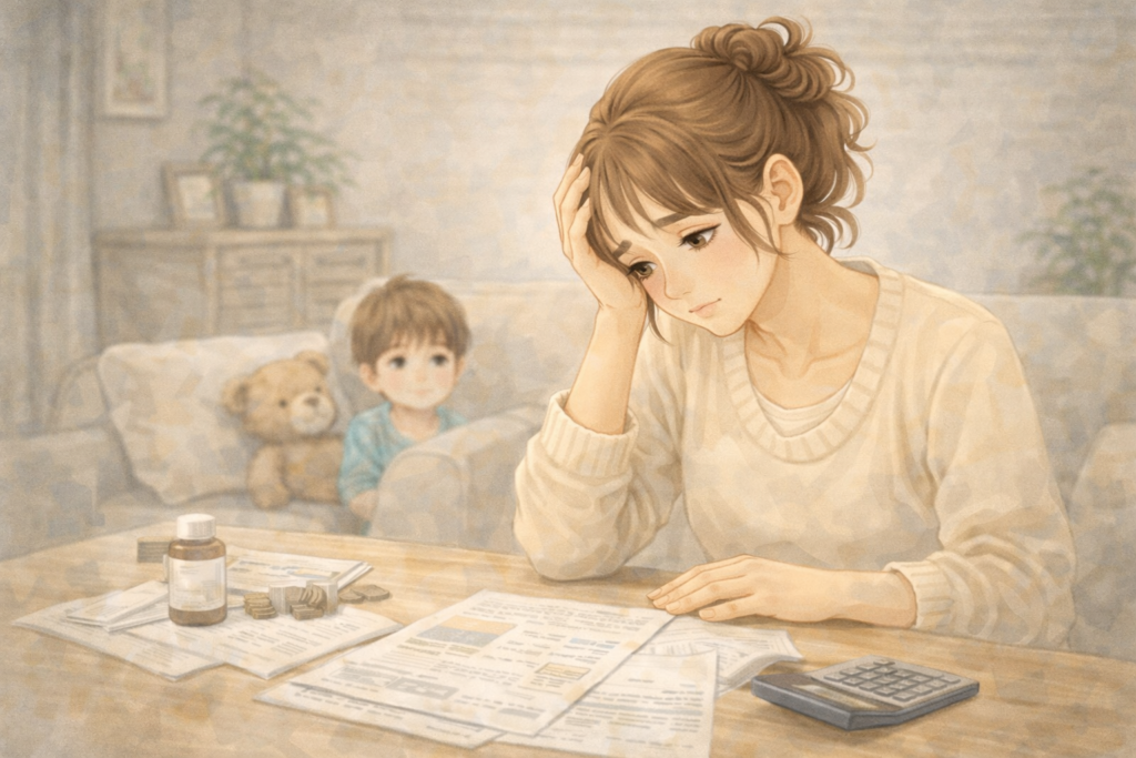 自宅をリフォームして、小さなデメリットが見つかり悩んでいるママとそれを見つめる男の子の画像