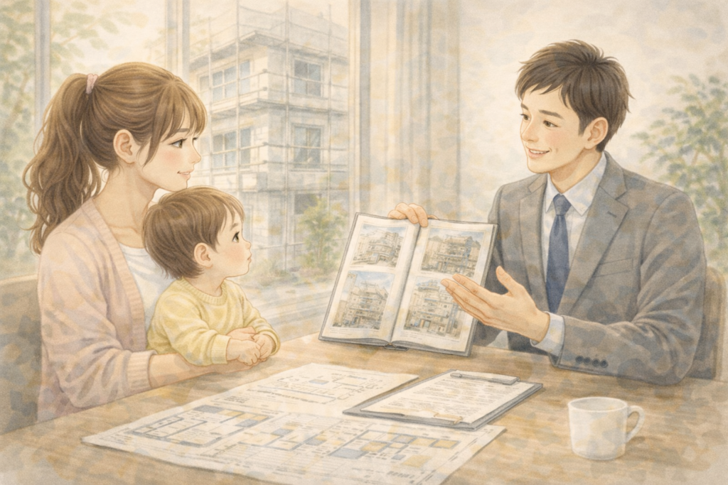 外壁工事・防水工事を行うことを、担当営業から勧められるママと子ども。