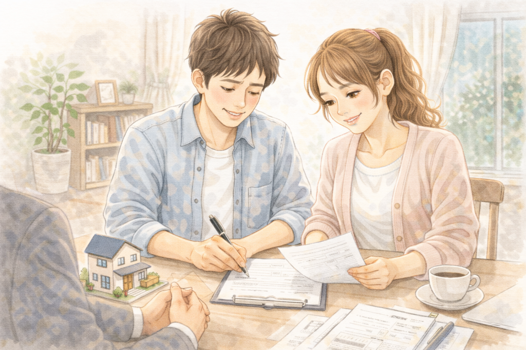 外壁塗装の為に、足場をつける説明を受ける夫婦。契約書を確認している画像。