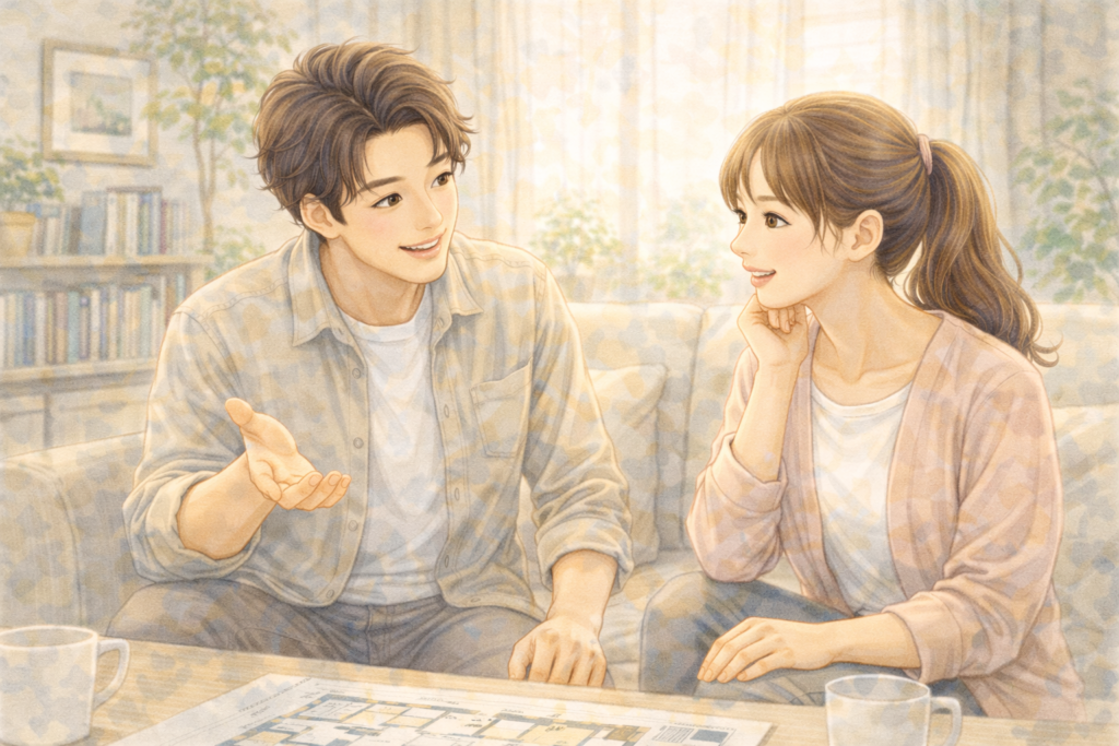 戸建てリフォームについて、外壁塗装と防水処置を行うことを相談している夫婦。