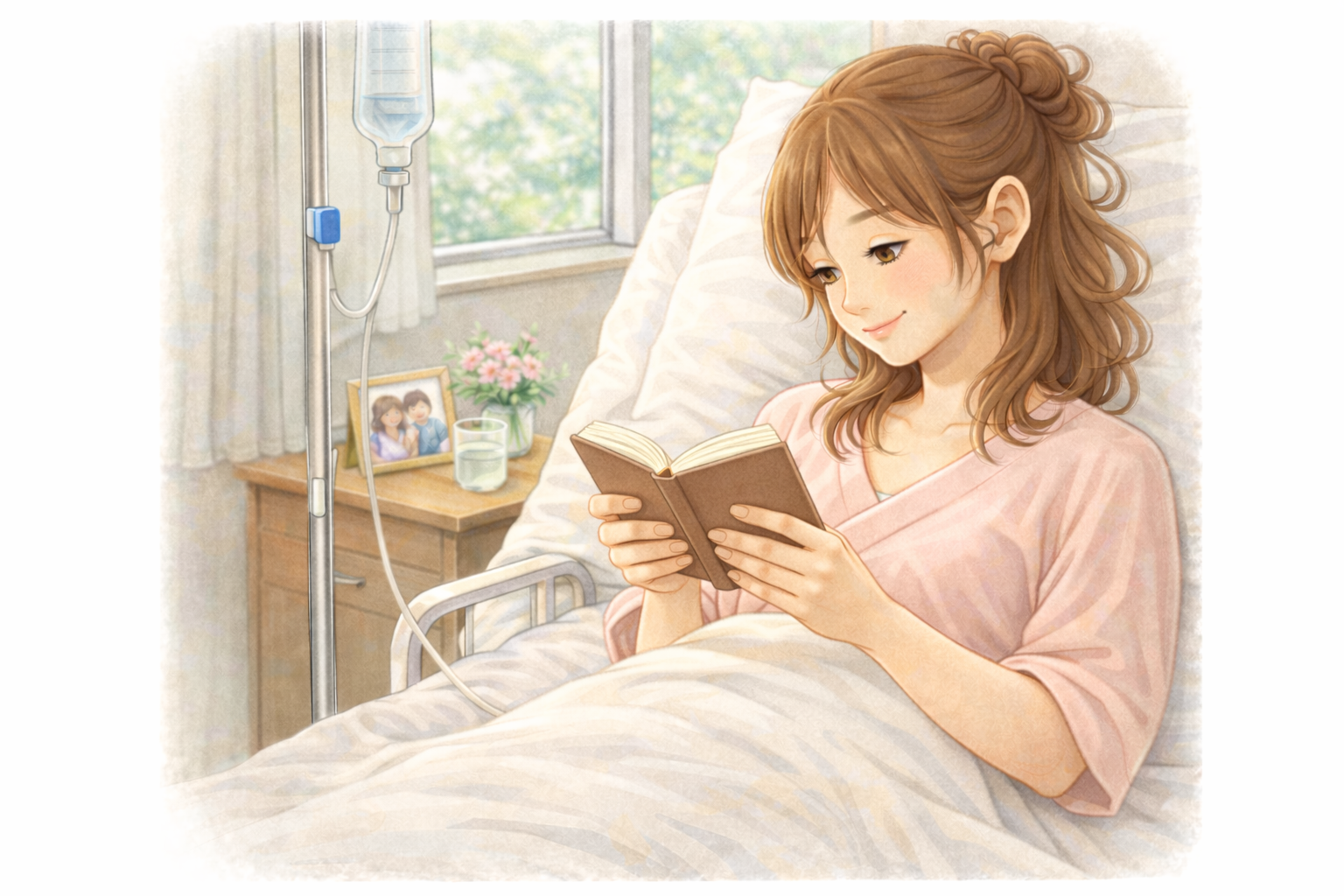 異所性妊娠で入院中の女性が病室のベッドで本を読んでいるイラスト
