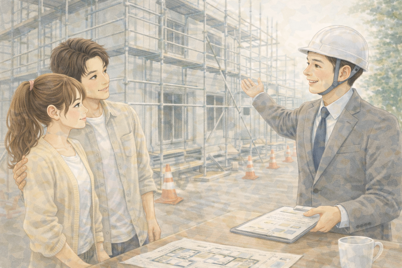 外壁工事の為、足場をつけた現場で、担当営業社から説明を受ける夫婦