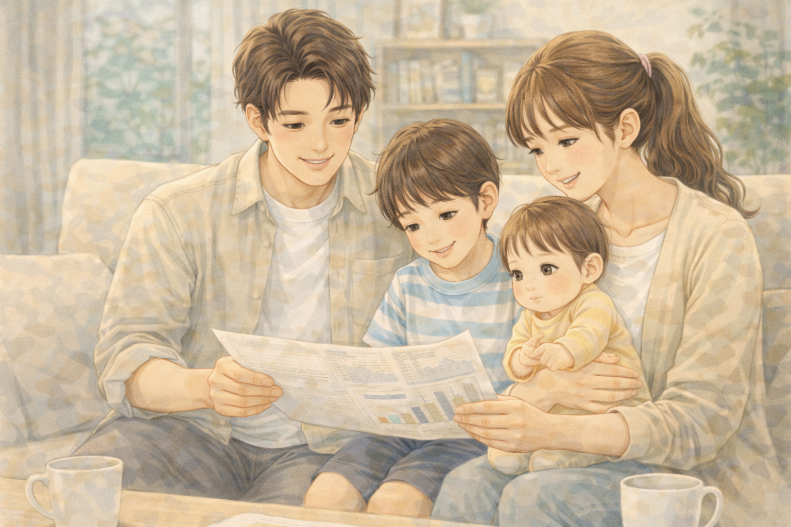 自宅のリフォームを決めて、子ども達に資料を見せながら、お話をする親子。息子と赤ちゃんの娘。