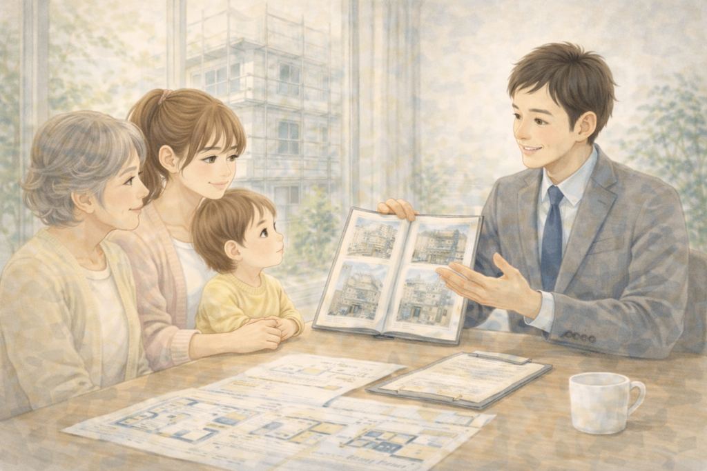 外壁塗装・屋上防水の見積もりの説明を営業担当から受けるママ、ママのお母さん、赤ちゃんの画像。