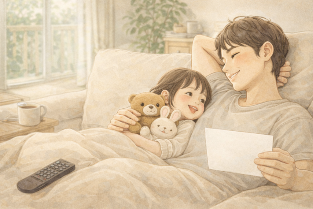 借地に立つ戸建てに住む親子。権利が守られ、長く継続して住めることに安心して横になるパパと娘。リビングでの親子の時間。