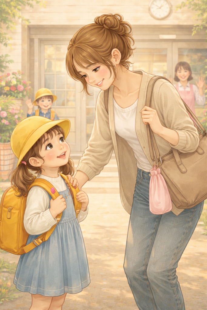 扶養内パート主婦のママが子どもをお迎えに行き、笑顔で見つめ合う画像。