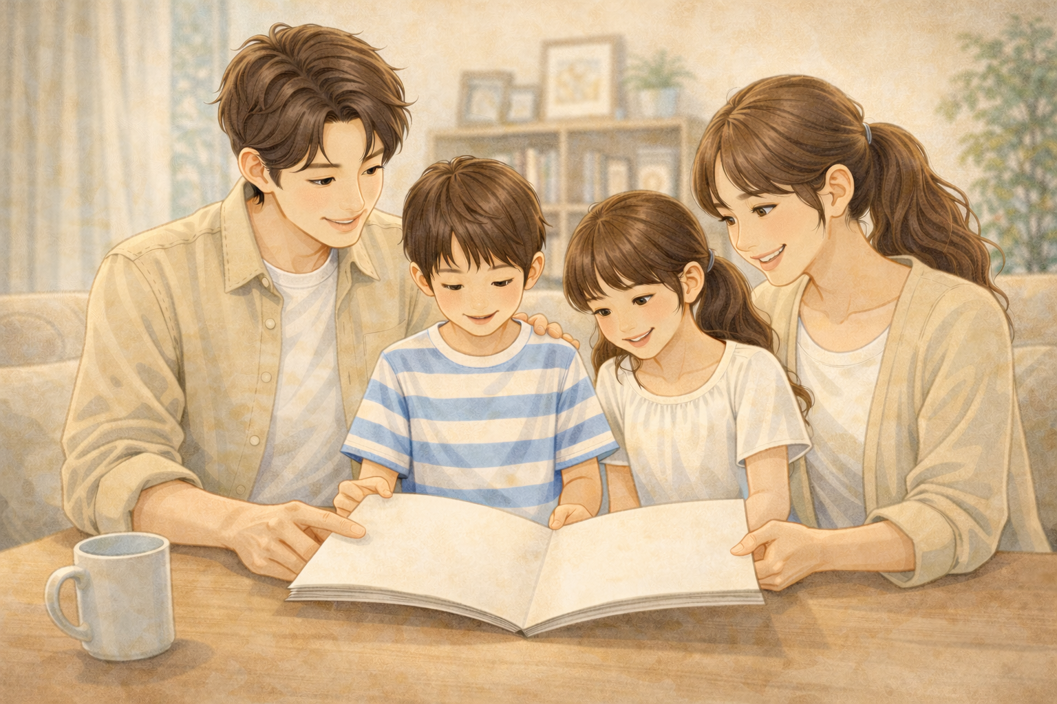 家族4人で家計や住宅費について話し合う様子のイラスト