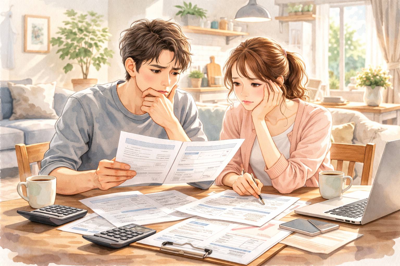 リフォームの見積もりを見ながら、失敗しないように悩みながら相談する夫婦の画僧