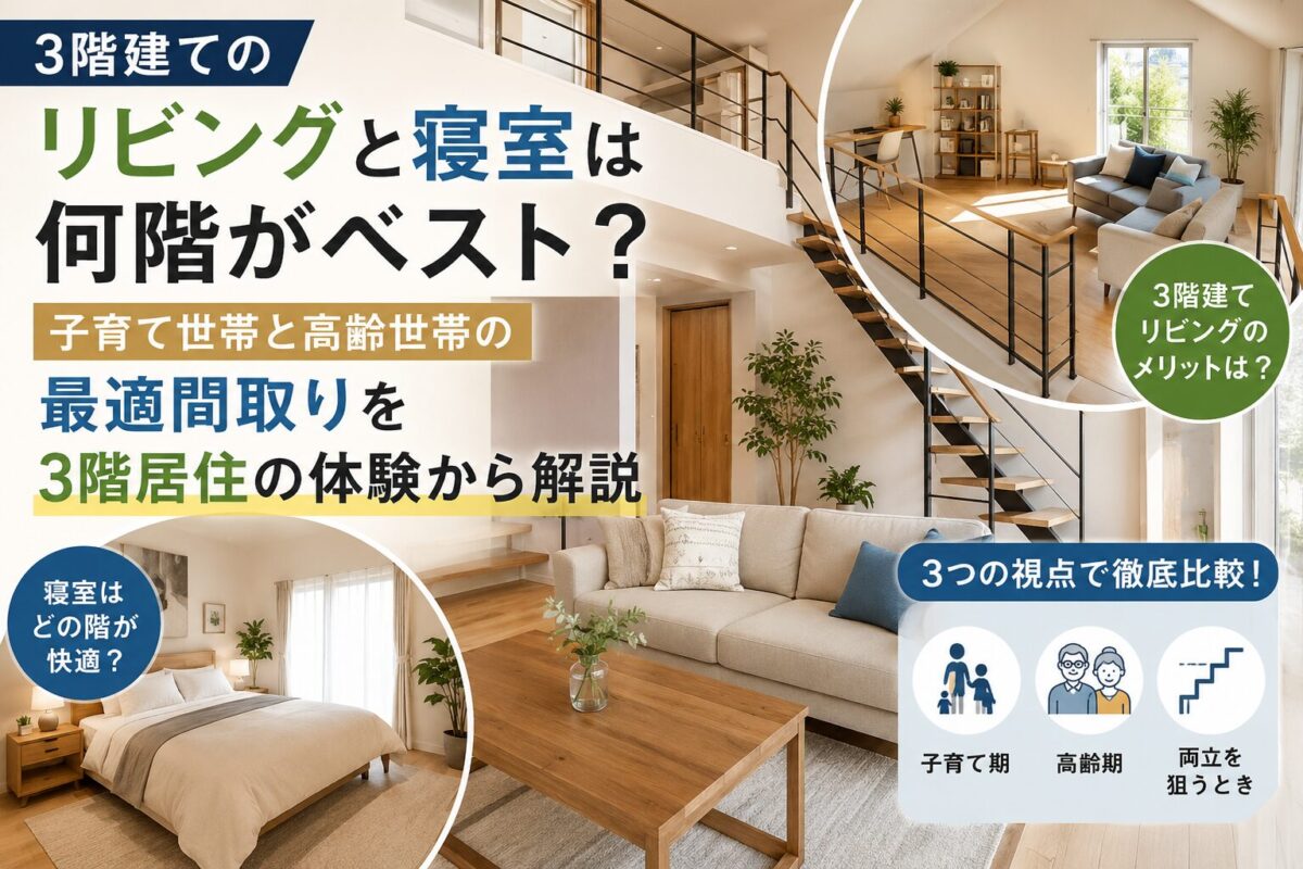 3階建ての家でリビングと寝室を何階に配置するかを考える子育て世帯と高齢世帯の間取りイメージ